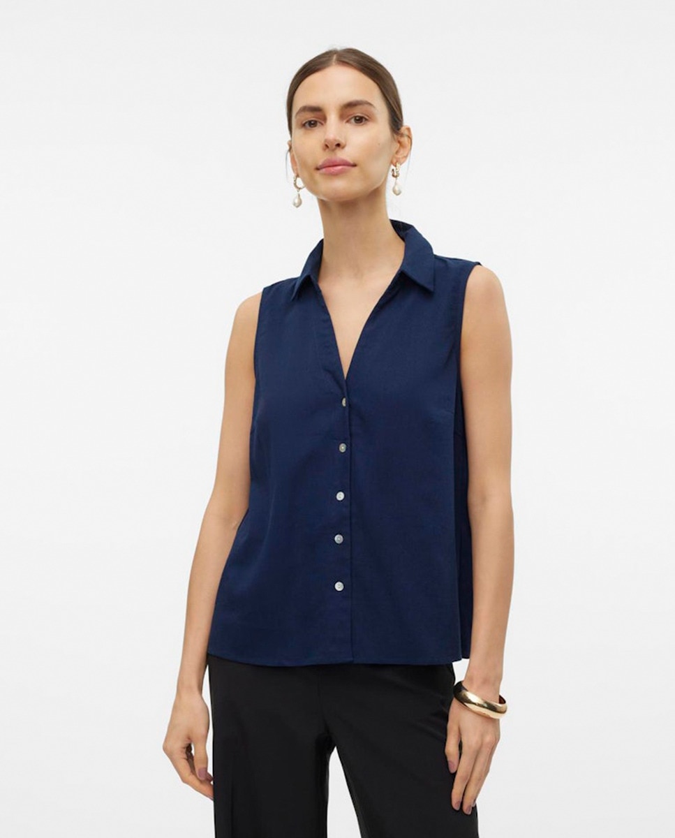 Blusa sem Mangas e com Corte de Camisa Azul-marinho-4