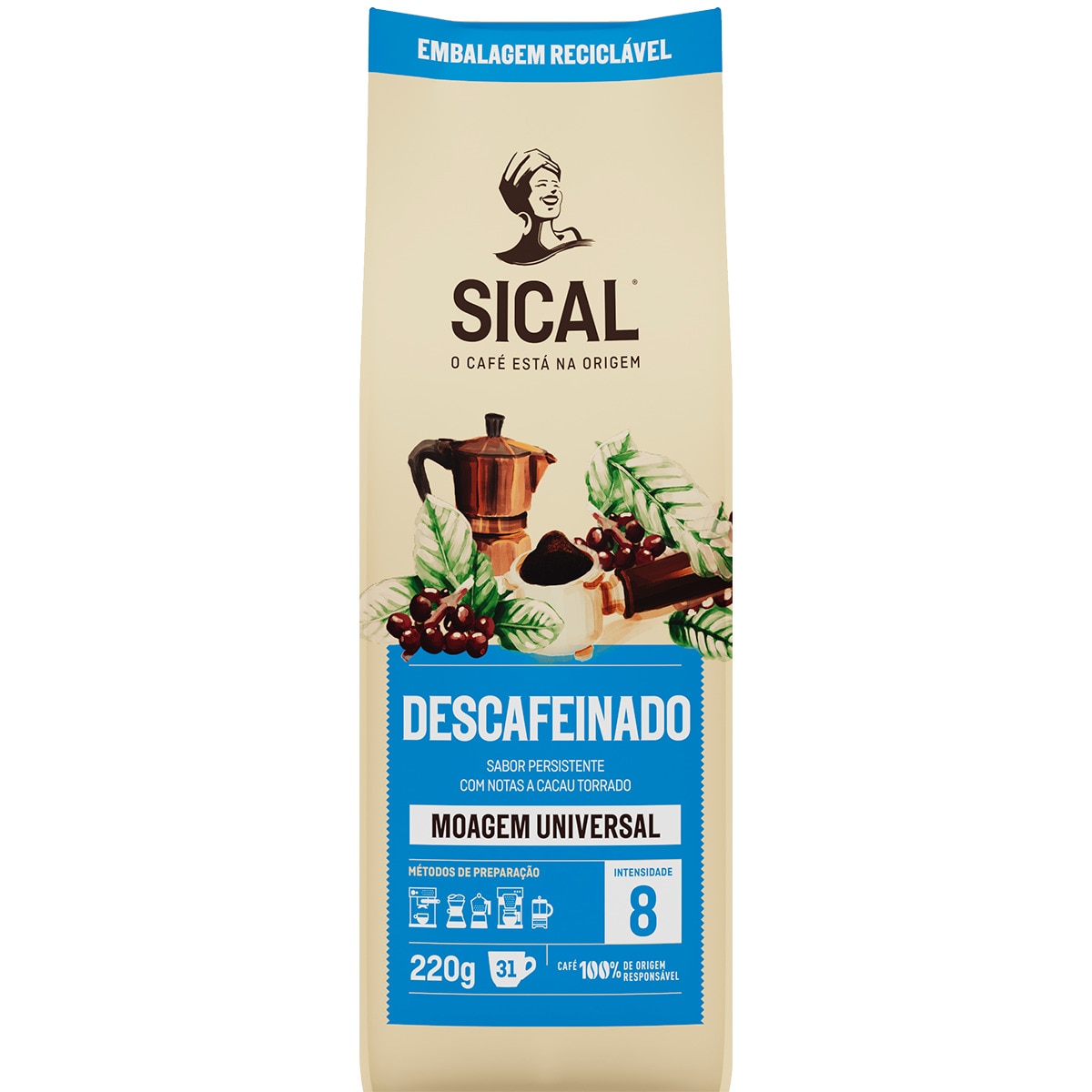 Café Torrado Moído Lote Descafeinado Moagem Universal Intensidade 8 embalagem 220 g
