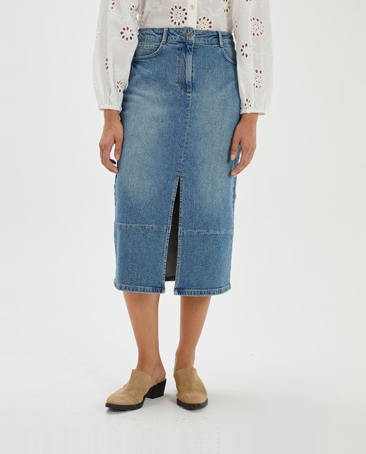 Imagen 0 de Falda denim midi patchwork de mujer