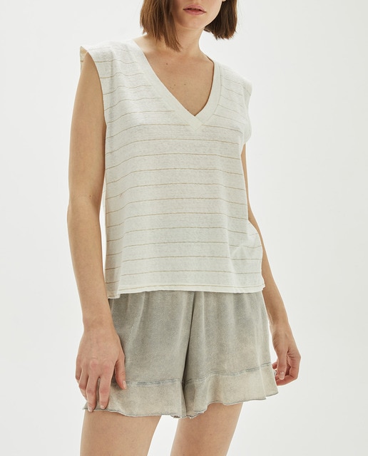 Imagen 0 de Camiseta oversize lino rayas oro de mujer