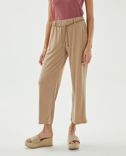 Pantalón beige fluido cintura engomada de mujer — oferta en Primeriti