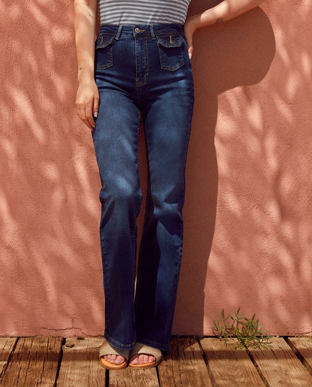 Vaquero long flare bolsillos frontales de mujer — oferta en Primeriti