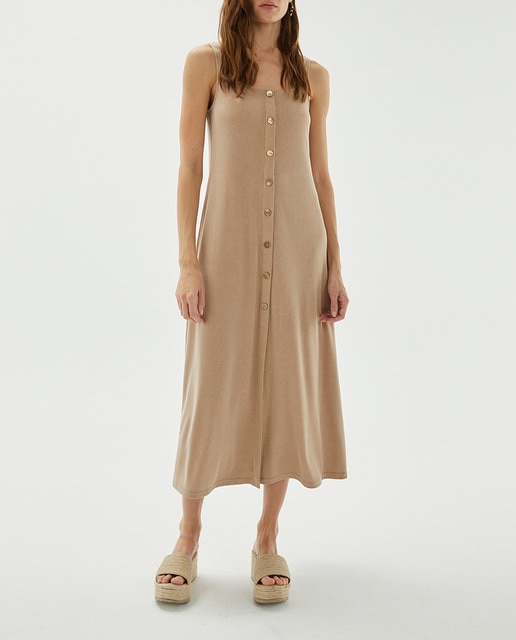 Imagen 0 de Vestido beige midi fluido botones de mujer