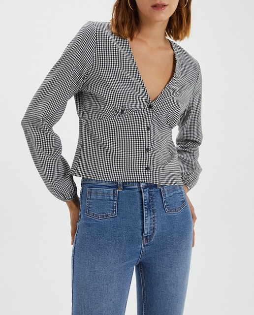 Imagen 0 de Camisa vichy escote pico manga larga de mujer