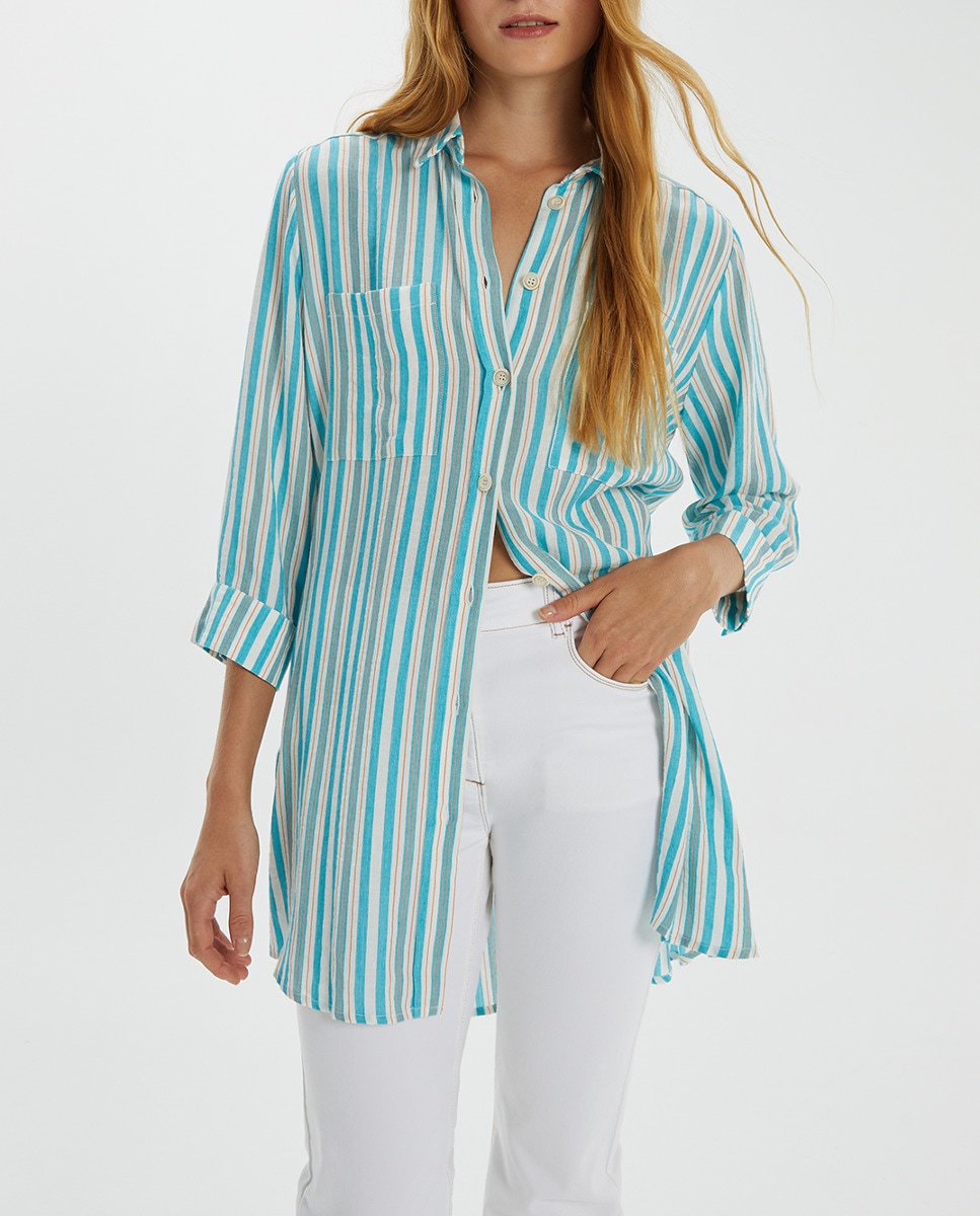 Imagen 0 de Camisa de mujer estampado en rayas, manga francesa y cuello camisero