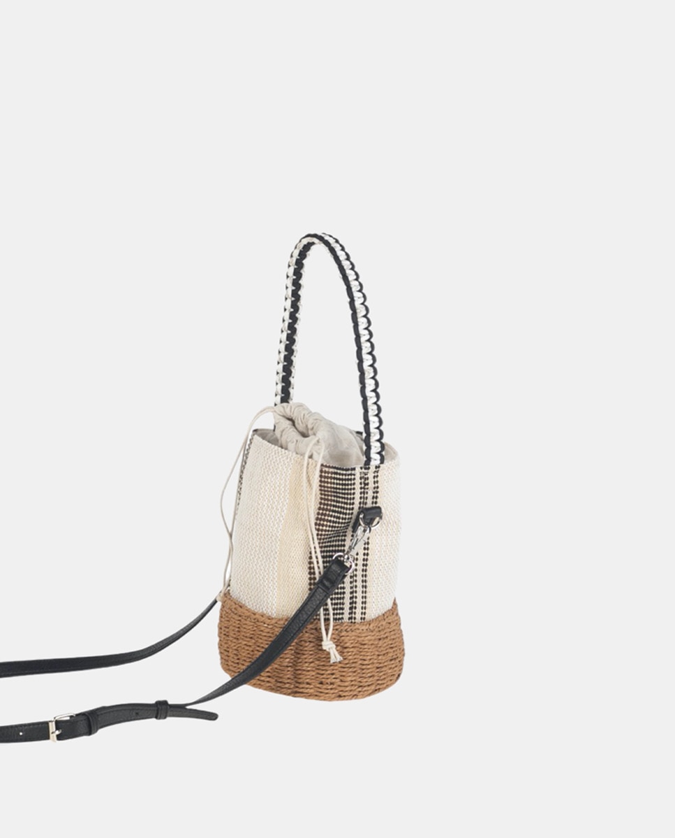 Mala a Tiracolo de Fibra Natural às Riscas com Alça Dupla Branco-2