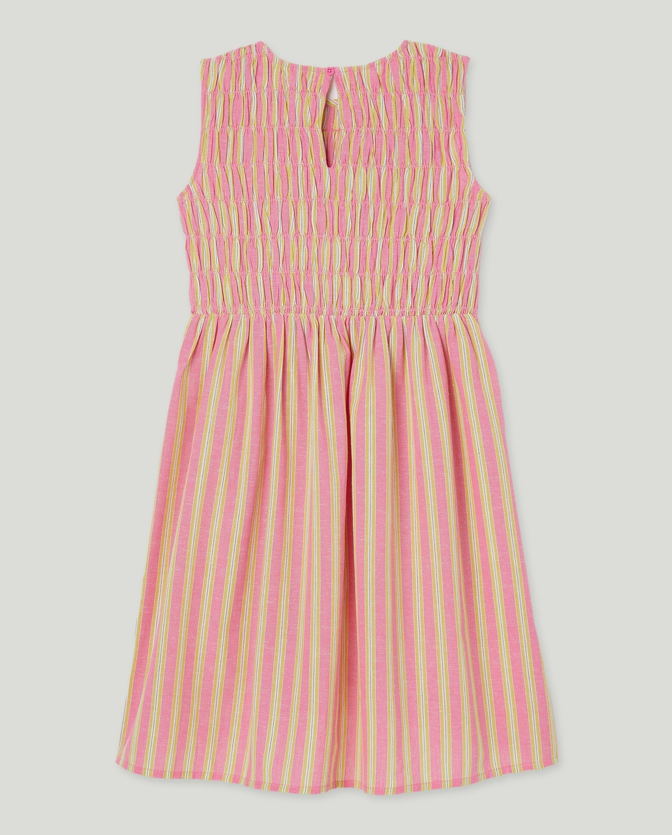Vestido niña rayas con smock Fucsia-2