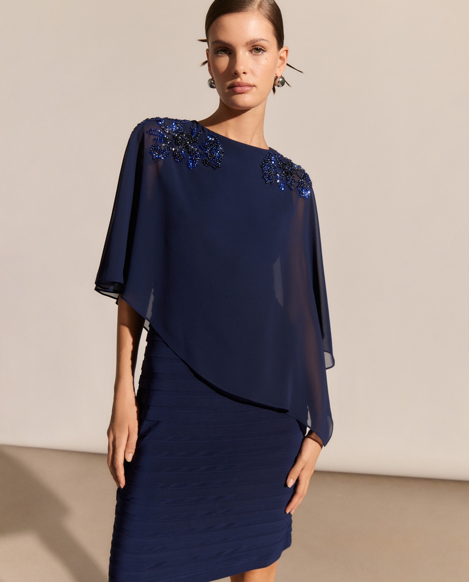 Vestido Curto de Camadas com Pregas Azul-marinho-1