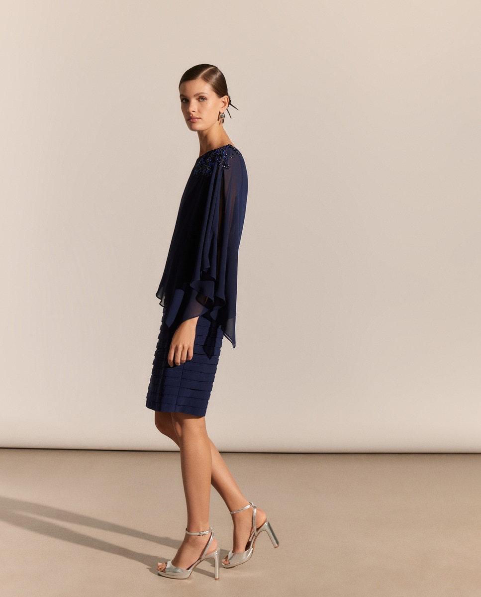 Vestido Curto de Camadas com Pregas Azul-marinho-3