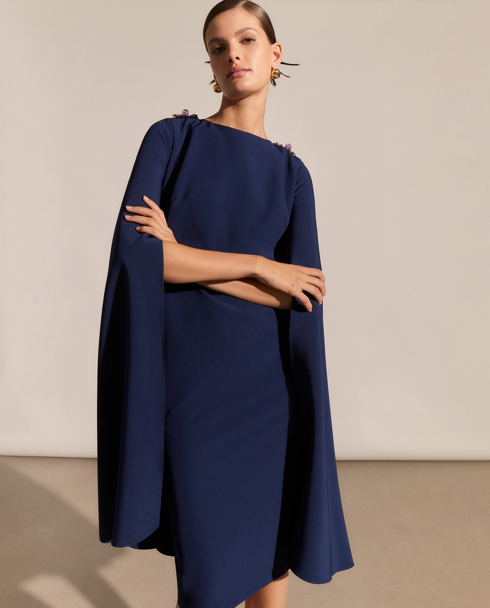 Vestido Curto de Camadas com Fecho Metálico no Ombro Azul-marinho-1
