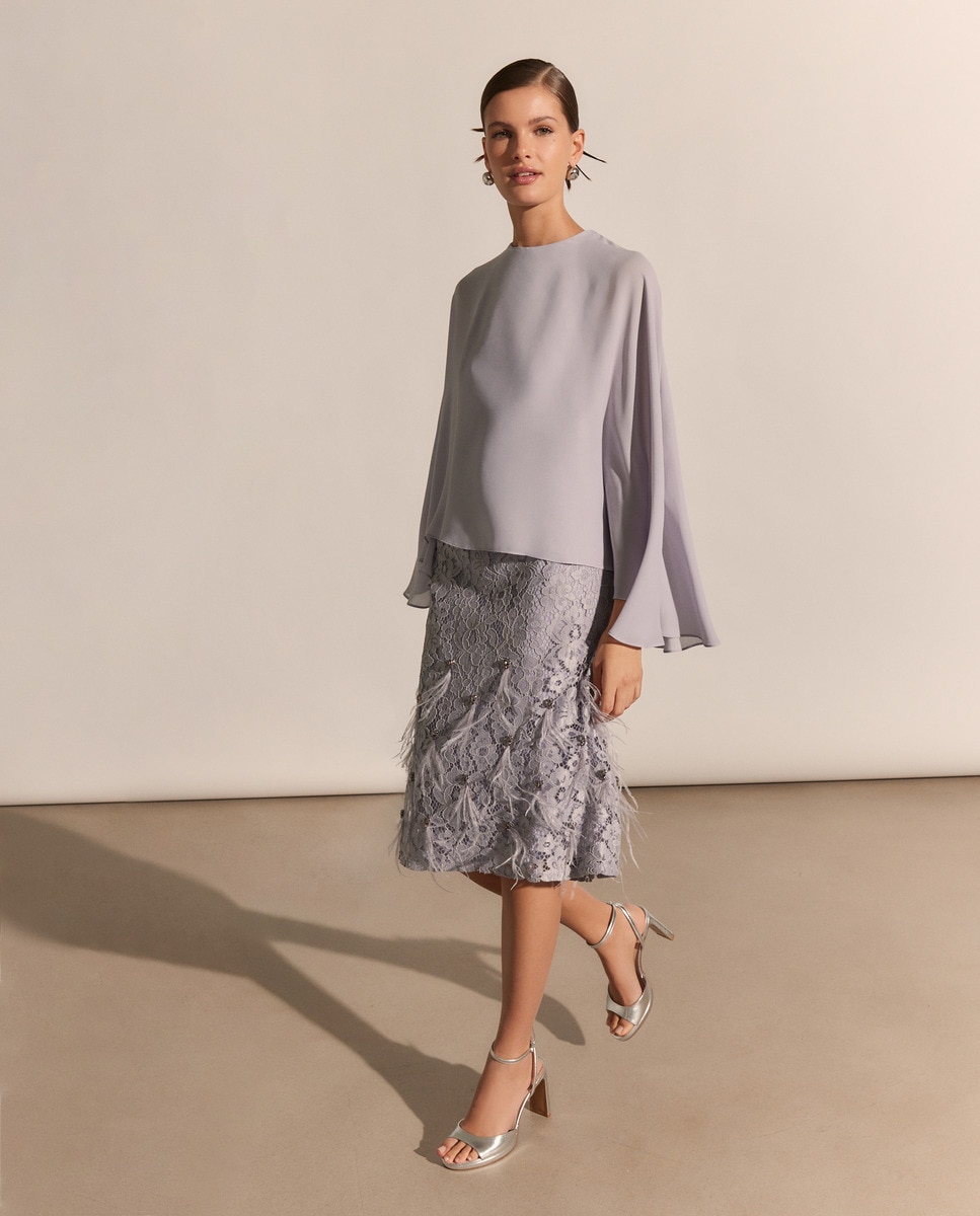 Vestido curto com renda Cinzento-claro-3