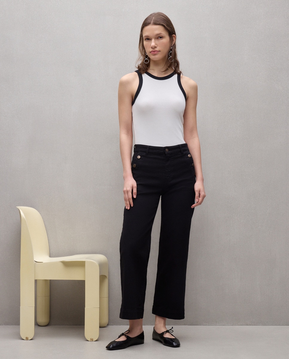 Jeans Cropped Wide Leg com Botões Preto-1