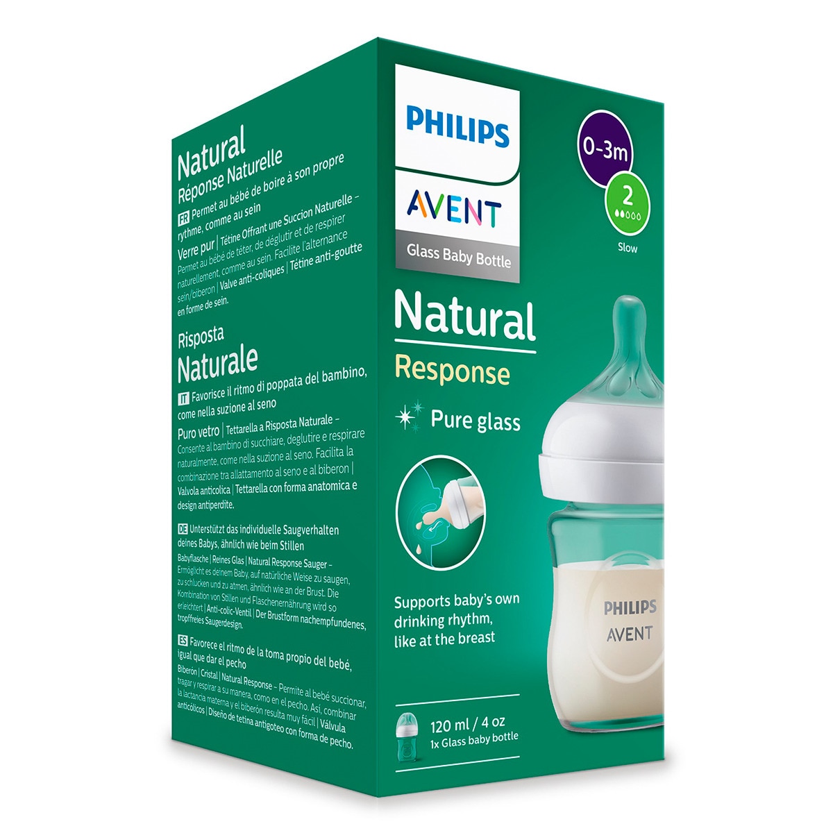 Biberón de cristal 120ml Philips Avent Response, Tetina flujo 2 lento Blanco-5