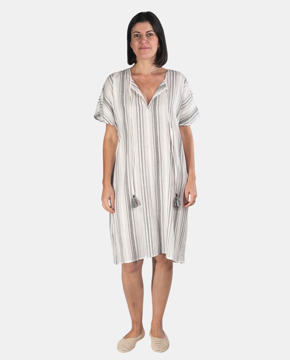 Kaftan com Estampado às Riscas Preto-1