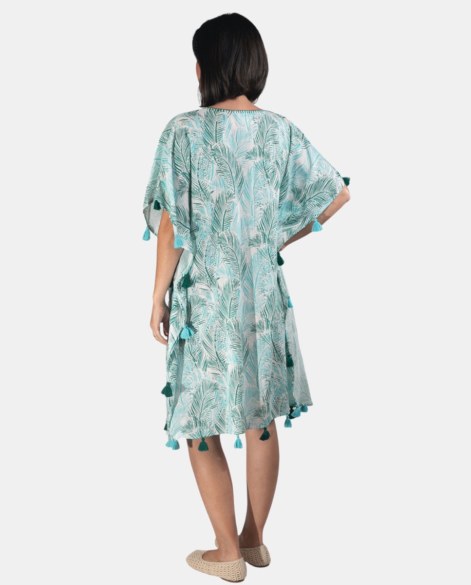 Kaftan com Estampado de Folhas Turquesa-2