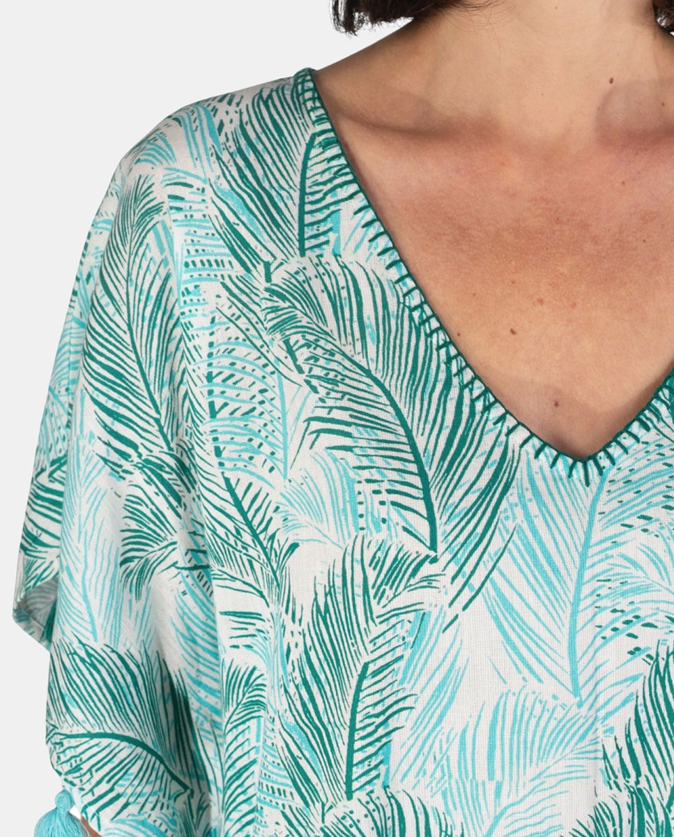 Kaftan com Estampado de Folhas Turquesa-3