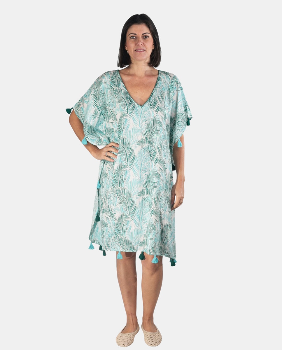 Kaftan com Estampado de Folhas Turquesa-1