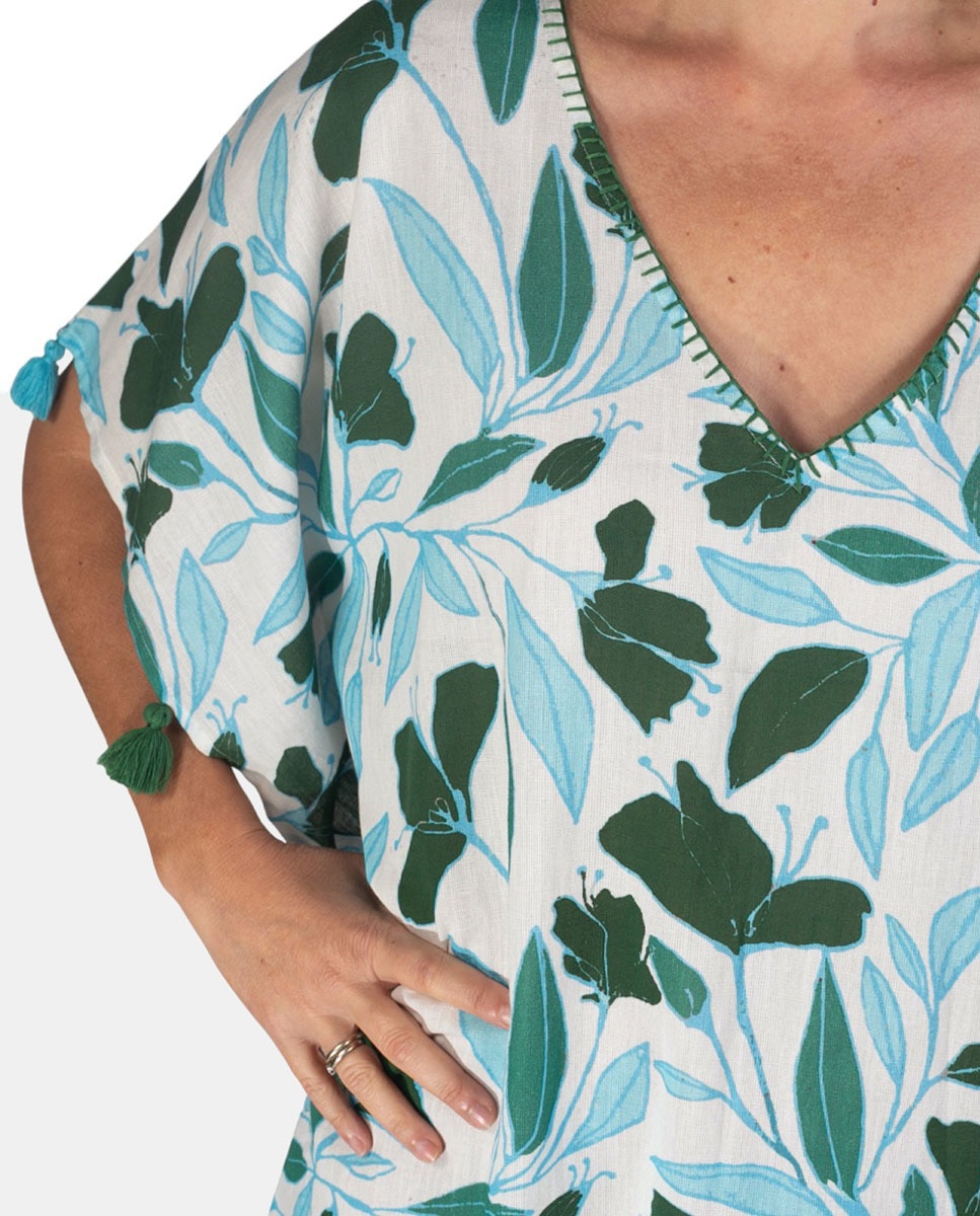 Kaftan com Estampado de Folhas Turquesa-3