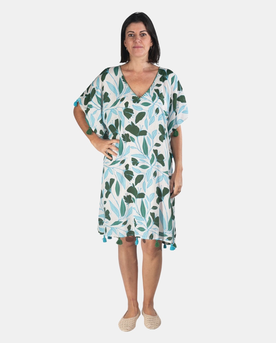 Kaftan com Estampado de Folhas Turquesa-1