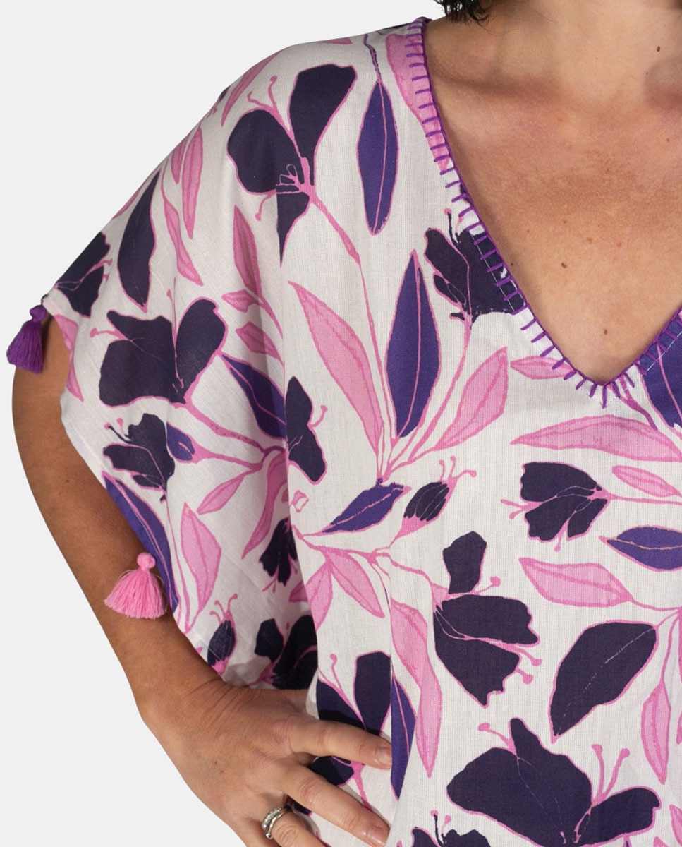 Kaftan com Estampado de Folhas Lilás-3