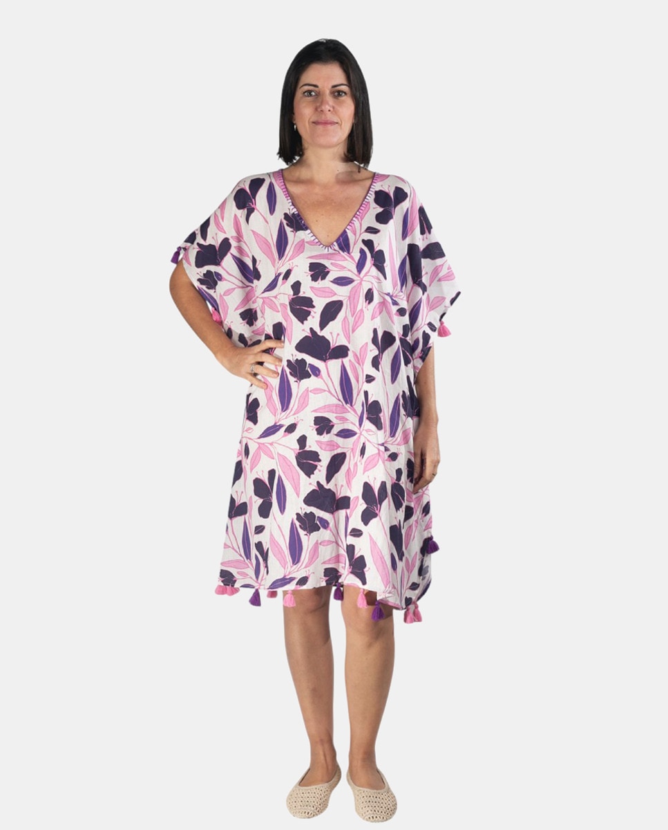Kaftan com Estampado de Folhas Lilás-1