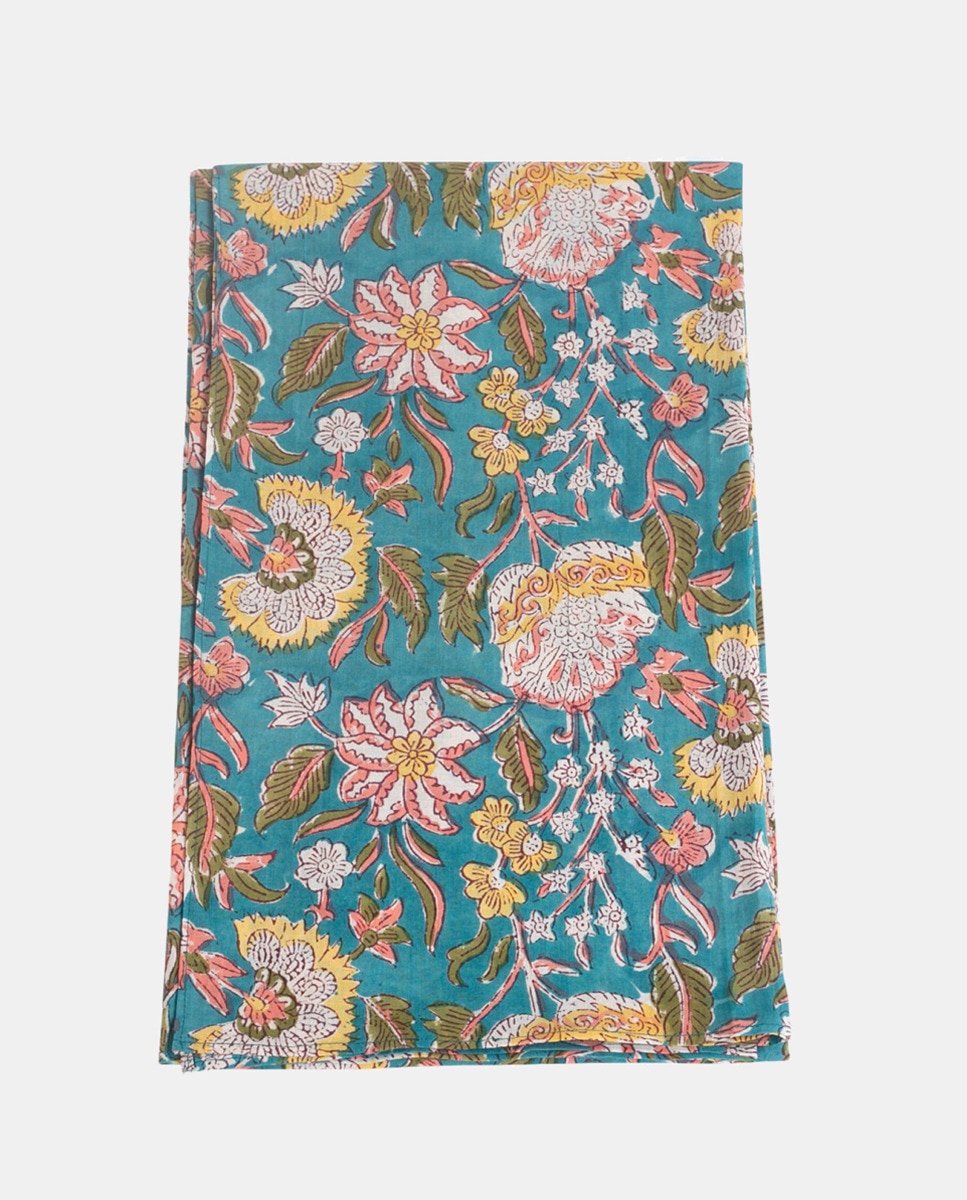 Páreo de Algodão com Estampado Floral Turquesa-1