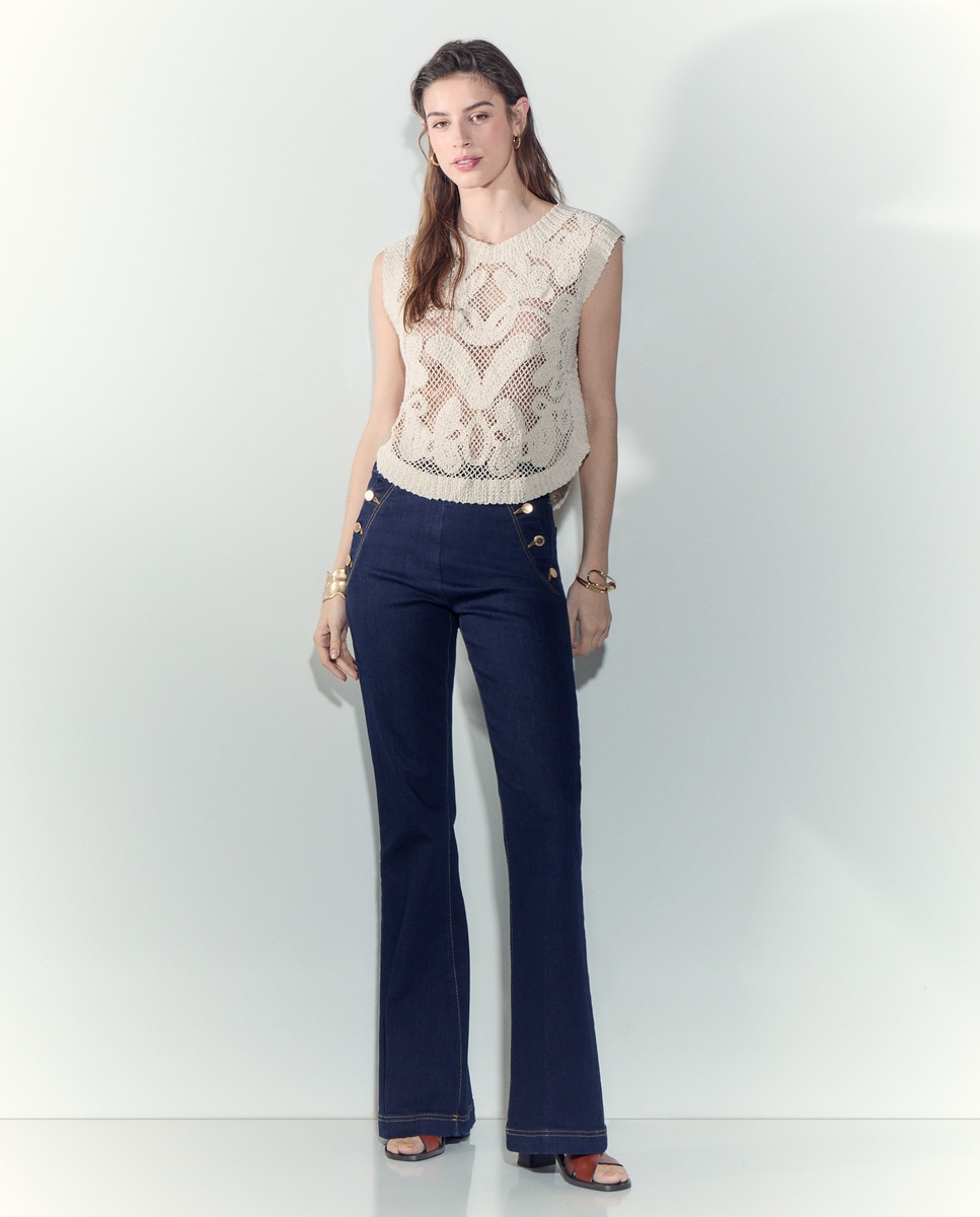 Jeans Flare com Abotoadura e Cintura Subida Azul-índigo-1