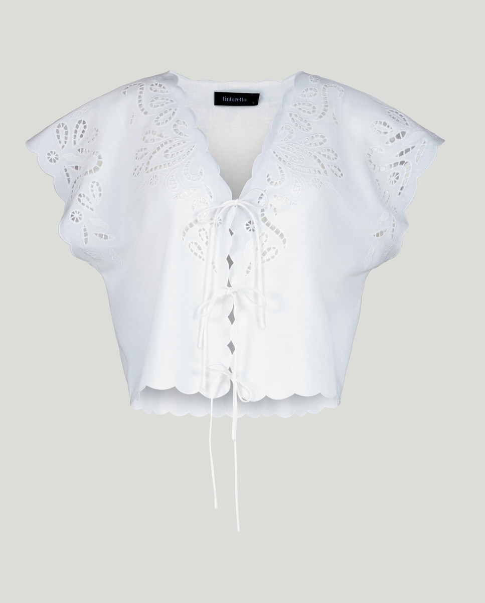 Blusa de Manga Curta com Bordados Branco-marfim-4