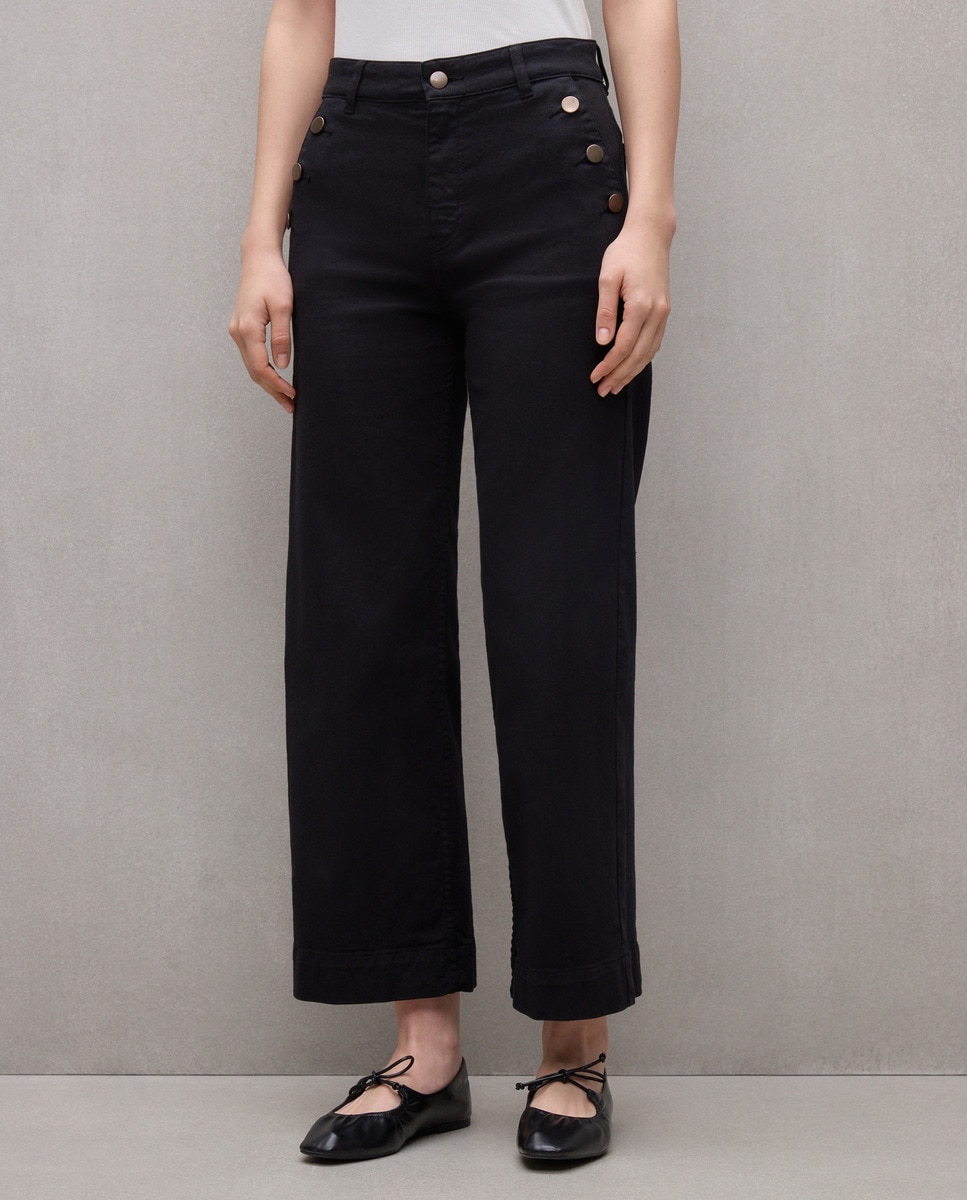 Jeans Cropped Wide Leg com Botões Preto-2