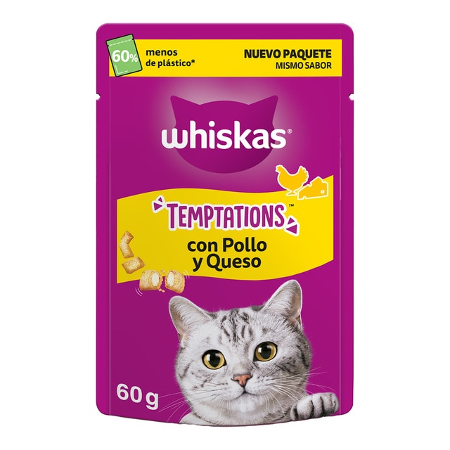 Imagen 0 de Snack para gatos adultos Whiskas Temptations pollo y queso 60 g