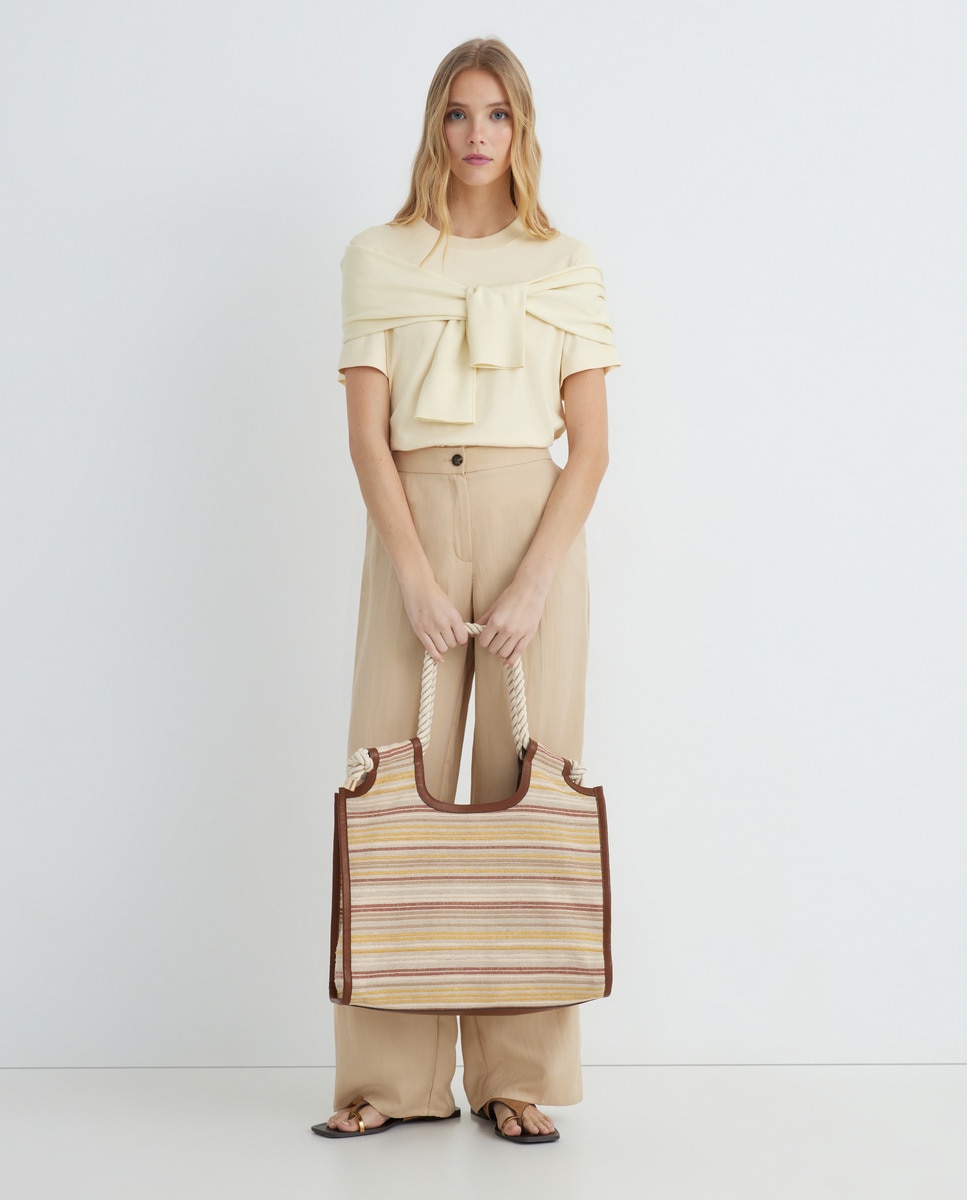Mala Shopper às Riscas com Alça de Cordão Amarelo-4