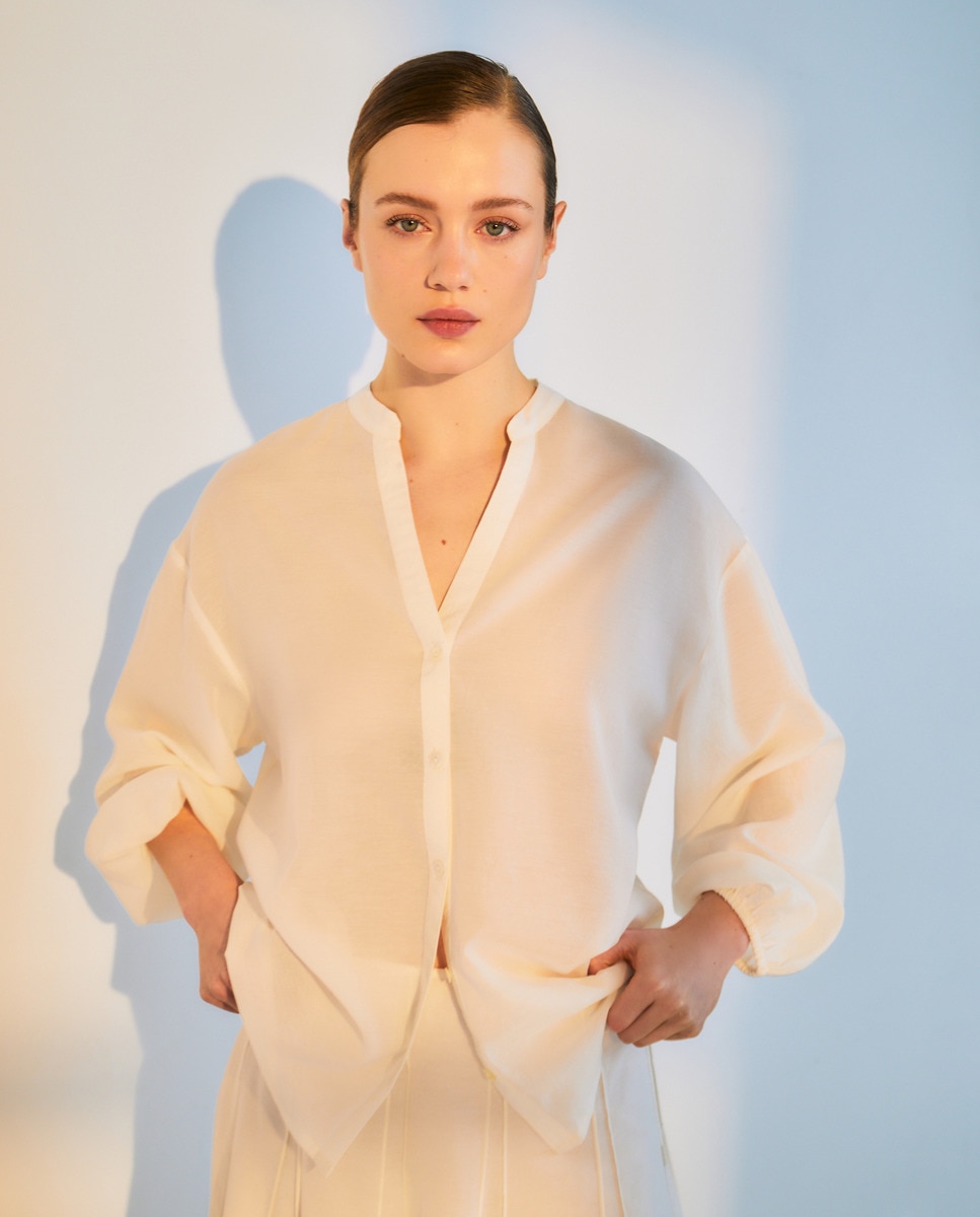 Blusa estampada de mulher com manga comprida Branco-1