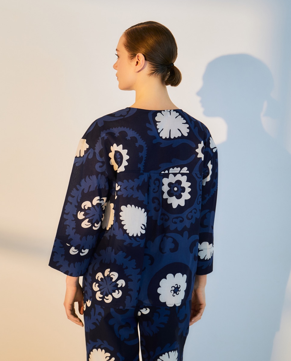 Blusa de Algodão com Manga Comprida Azul-3