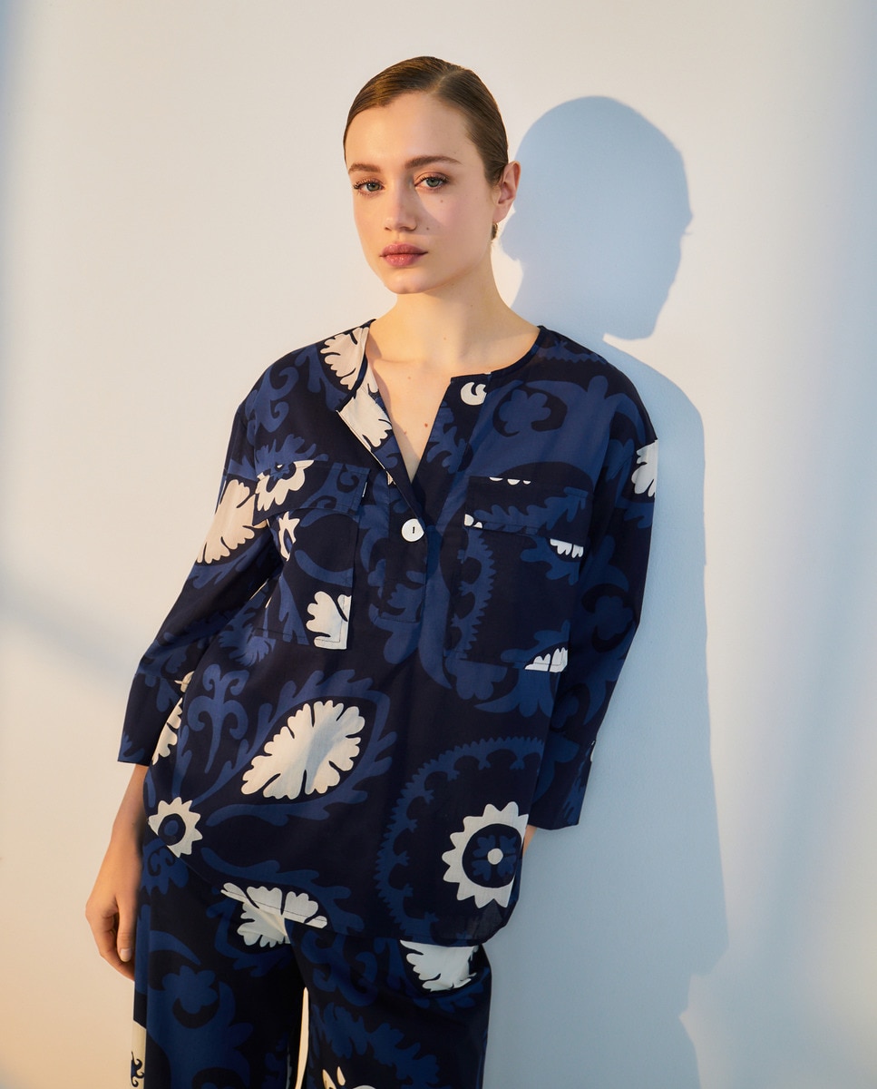Blusa de Algodão com Manga Comprida Azul-1