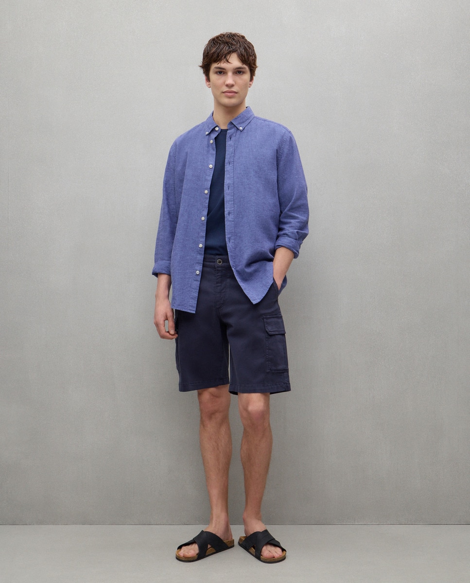 Bermudas Multibolsos Tingidas e em Algodão 400 Azul-1