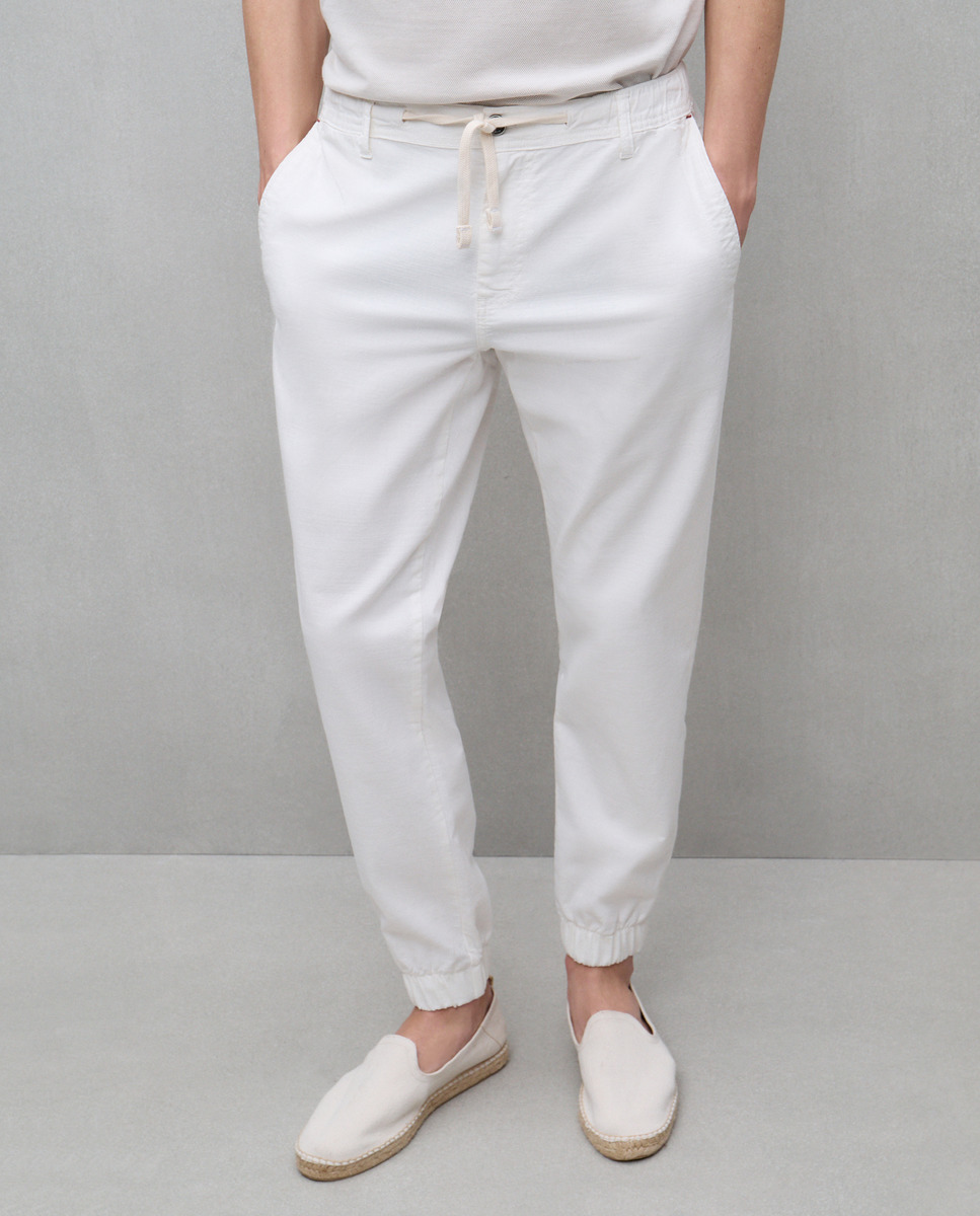 Joggers de Algodão Stretch Abertas com Cintura com Aspeto Rústico 130 Marfim-2