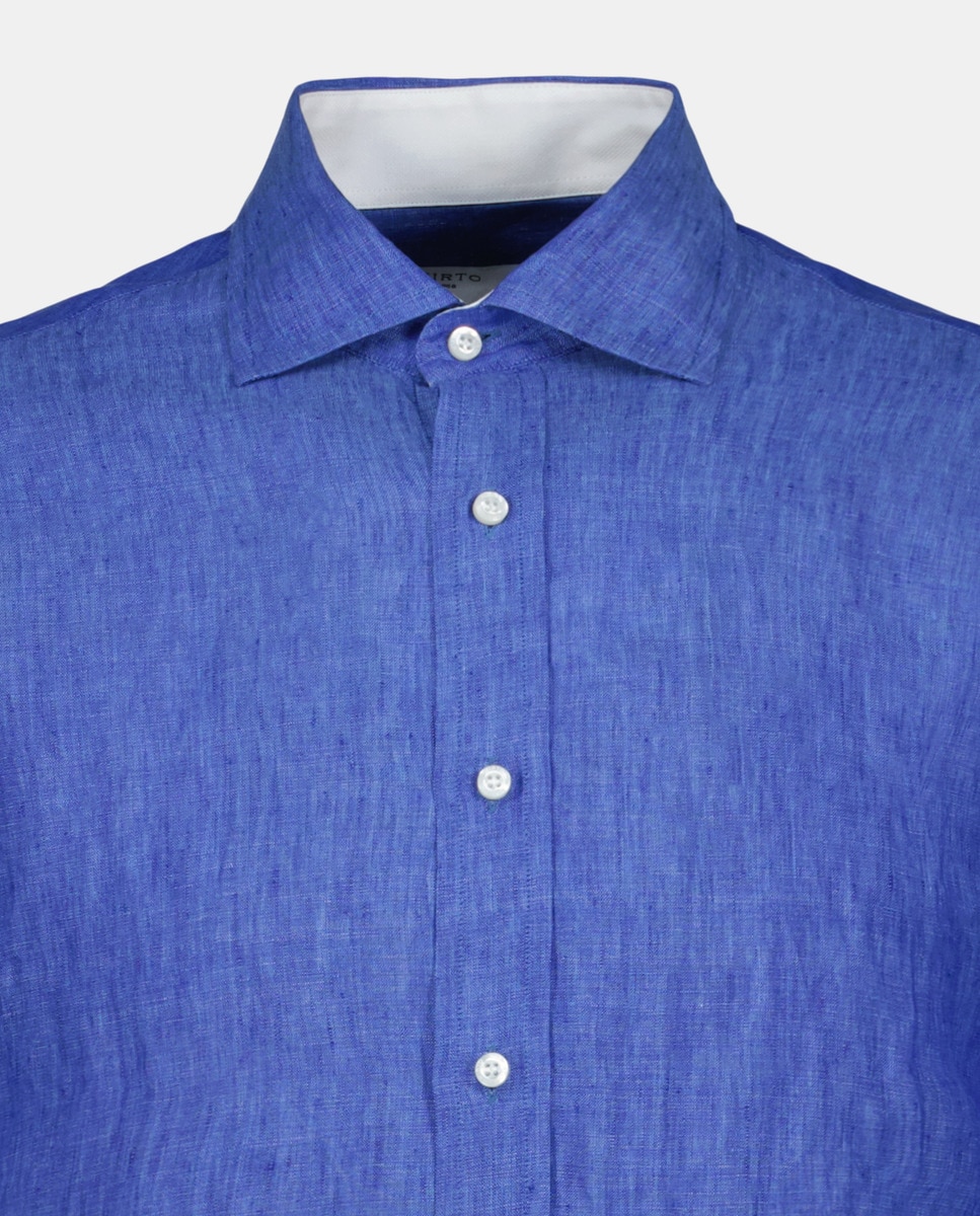 Camisa Casual com Manga Comprida e em Linho Azul-índigo-5