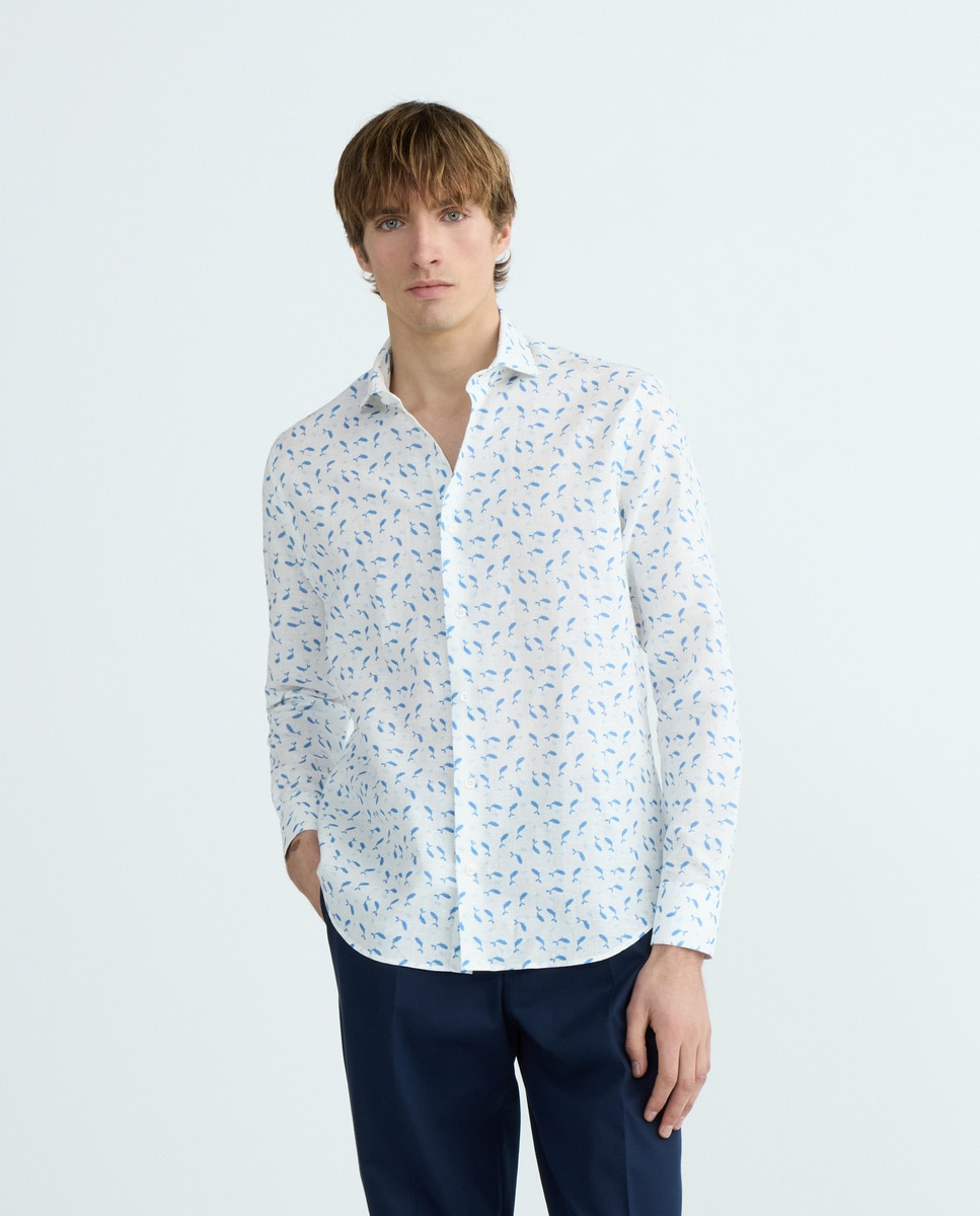 Camisa Regular em Linho e Algodão com Estampado de Baleias Branco-1