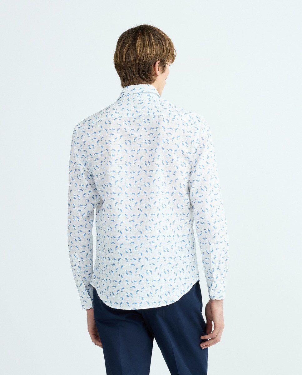 Camisa Regular em Linho e Algodão com Estampado de Baleias Branco-3
