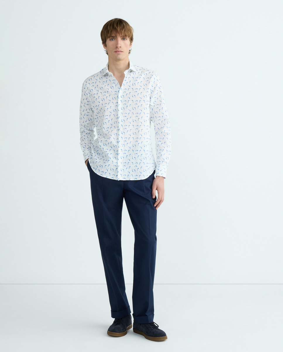 Camisa Regular em Linho e Algodão com Estampado de Baleias Branco-2