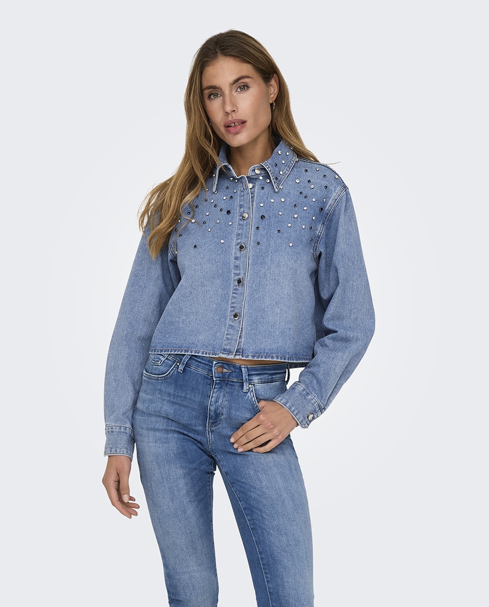 Camisa Curta com Detalhes Azul-claro-1
