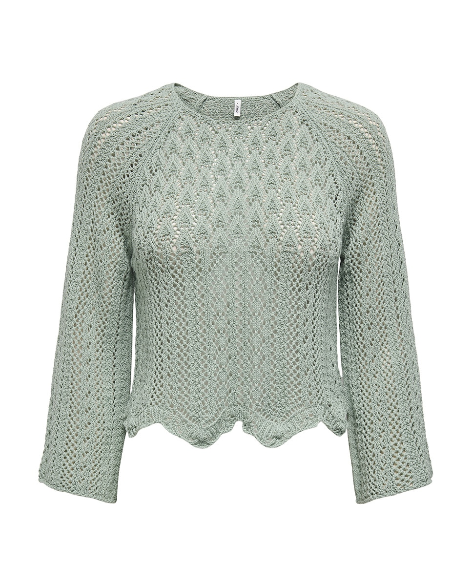 Camisola de Crochet com Manga Comprida Verde Água-4