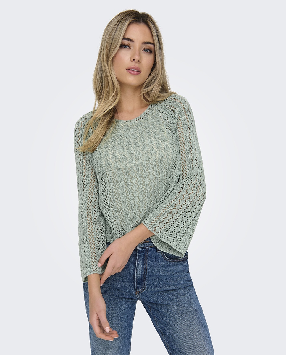 Camisola de Crochet com Manga Comprida Verde Água-1