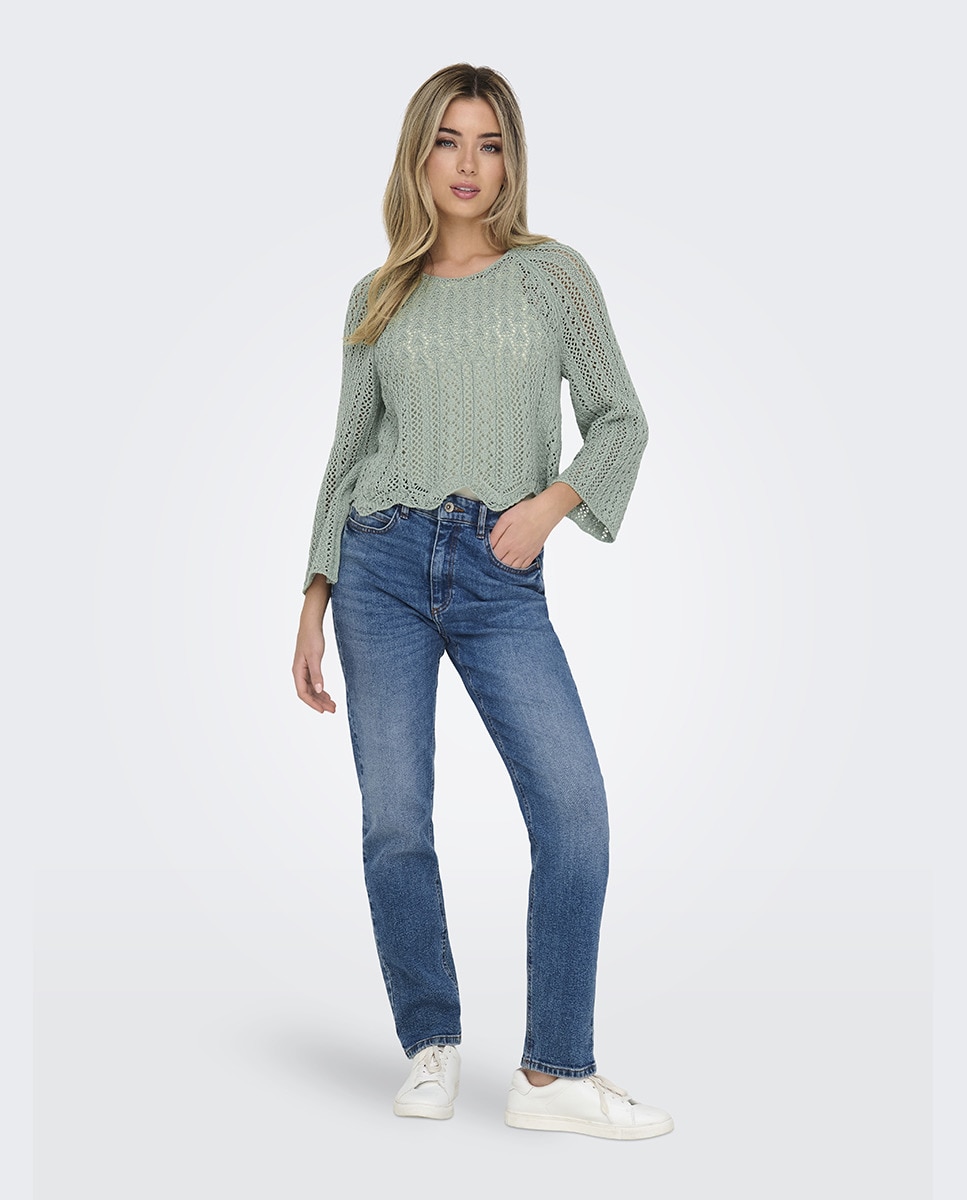 Camisola de Crochet com Manga Comprida Verde Água-6
