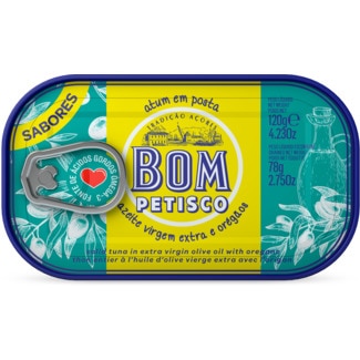 Atum em Posta em azeite Virgem Extra e Oregãos lata 120 g - Bom Petisco