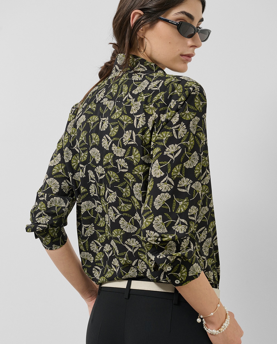 Camisa de Corte Masculino com Estampado de Folhas Preto-4
