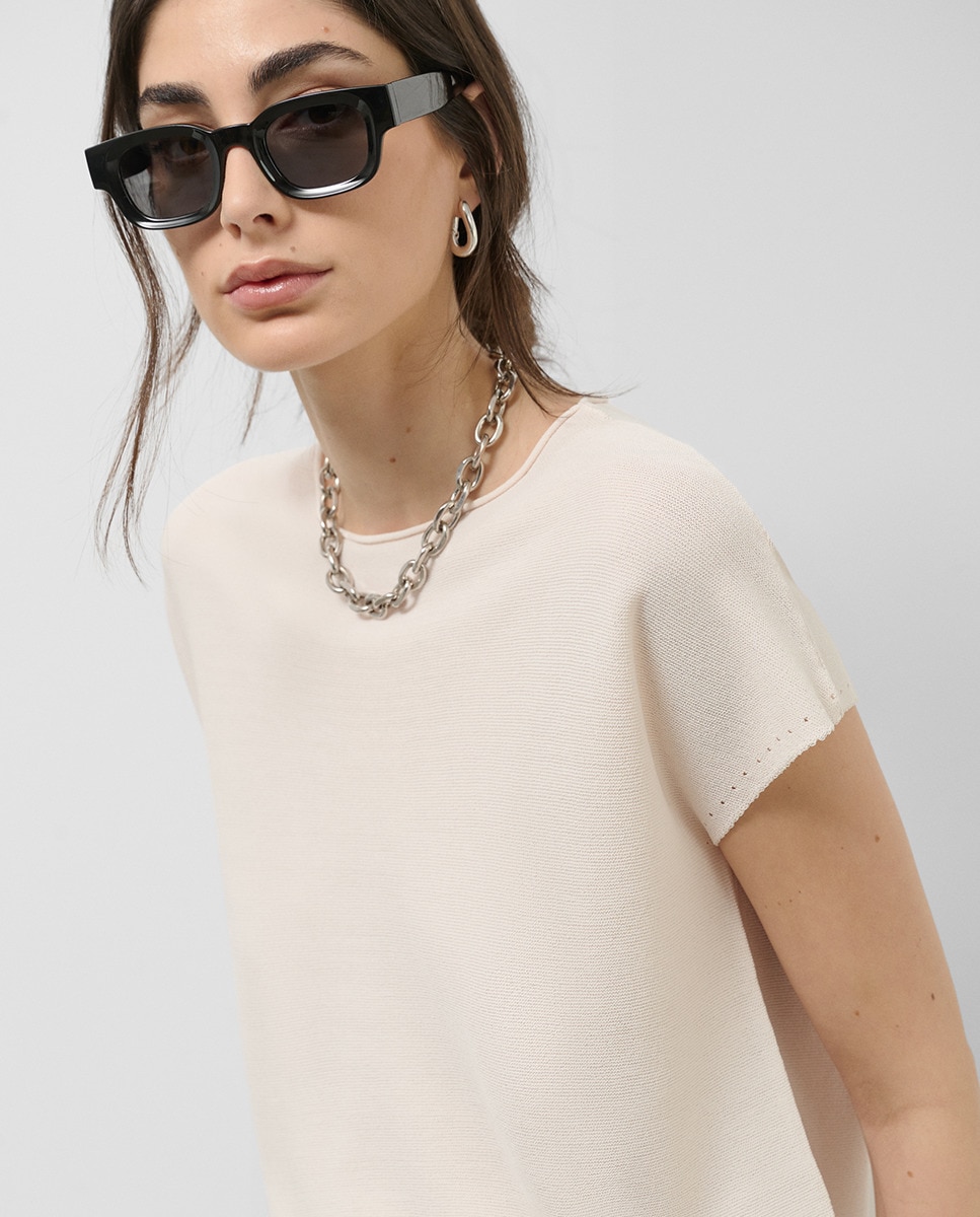 Camisola de malha fina com manga morcego Cru-3