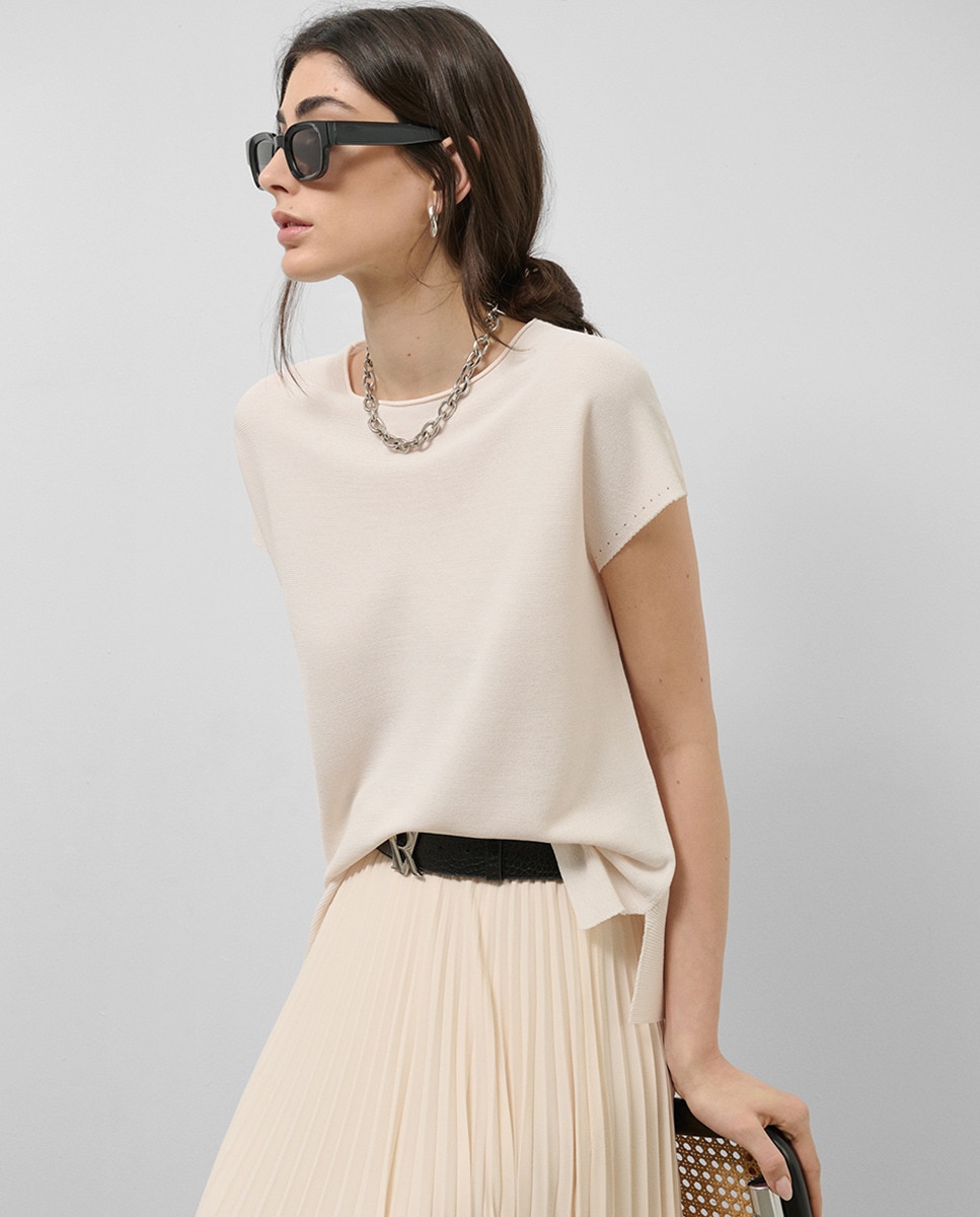 Camisola de malha fina com manga morcego Cru-1