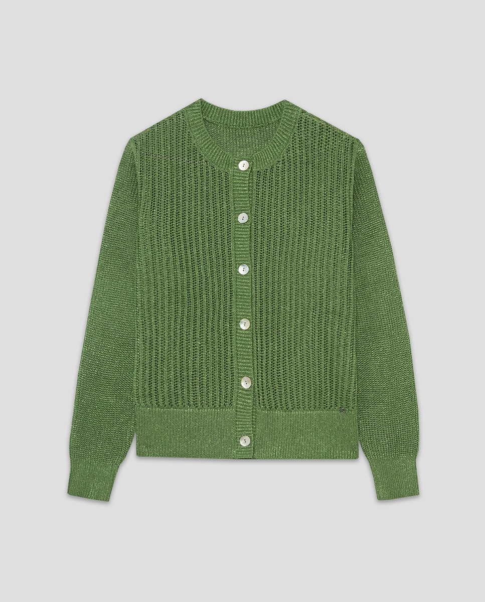 Cardigan de Malha Rendilhada com Fio Metalizado Verde-1