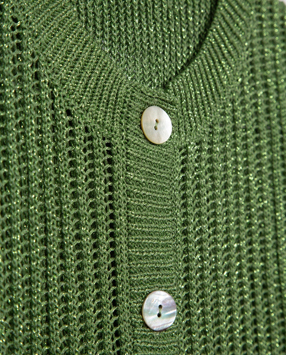 Cardigan de Malha Rendilhada com Fio Metalizado Verde-3